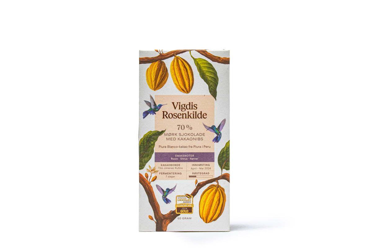 Vigdis Rosenkilde 70% Piura med nibs sjokolade